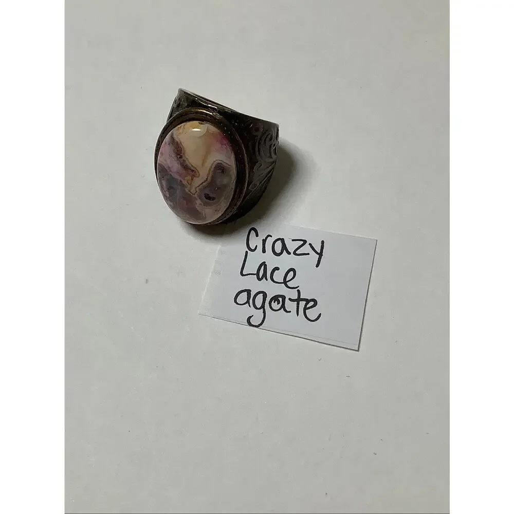 Bronze Crazy Lace Agate Oval Cabochon Statement Ring Cocktail Vintage F17-11
